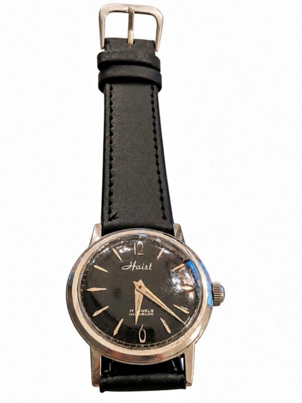 Vintage Haist 17 Jewel Incabloc Watch – Black Dial – Leather Strap